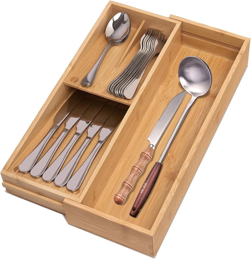 guiogc Bamboo Kitchen Drawer Organizer, Silverware Organizer Expandable Utensil Holder with Removable Knife Block, Cutlery Tray with Drawer Dividers for Kitchen Utensils and Flatware - Image 1